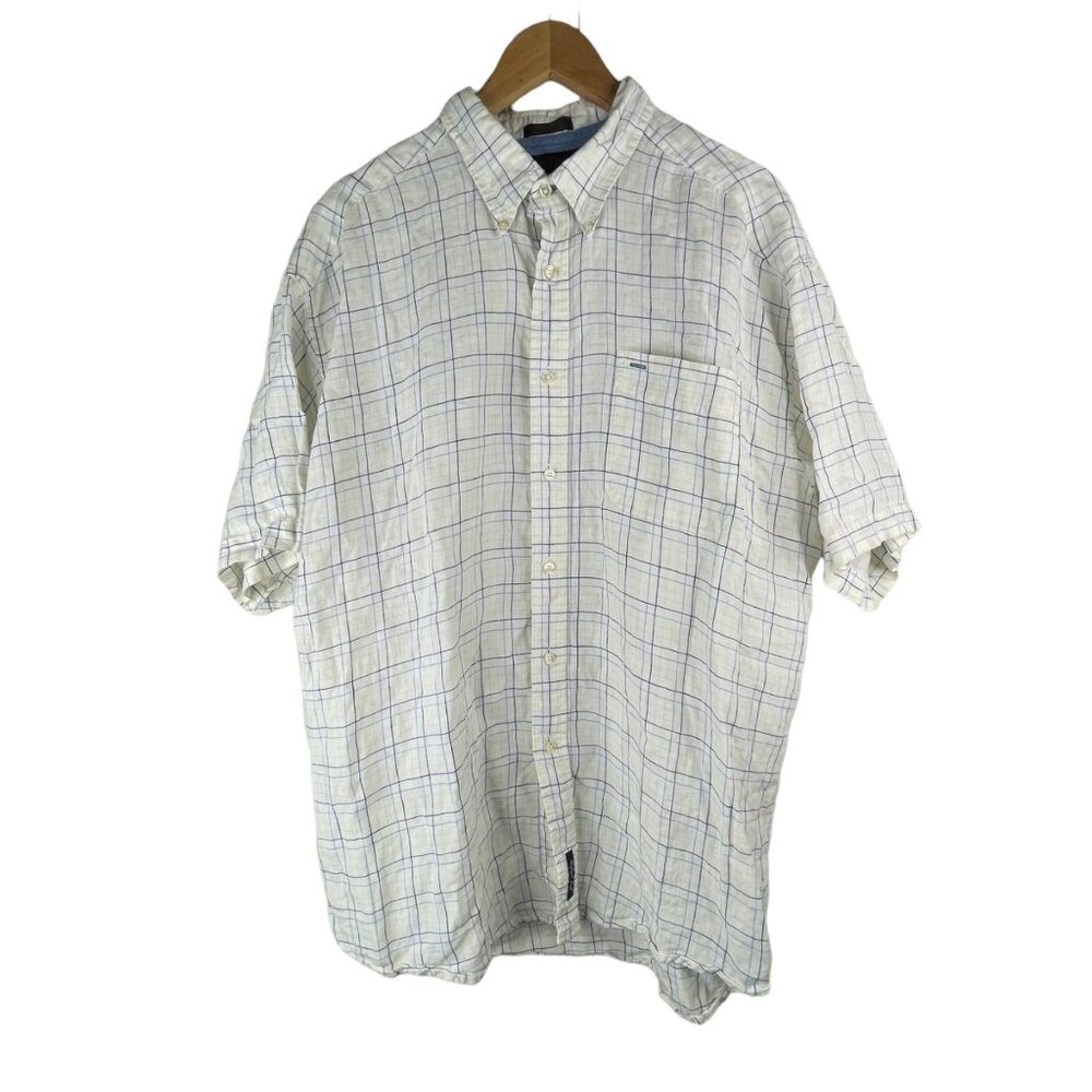 Tommy Hilfiger Shirt Linen Plaid Button Down Check Short Sleeve Collared Size XL